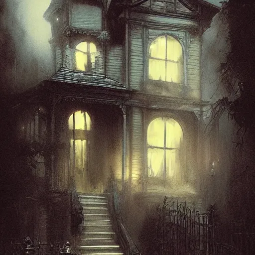 Prompt: exterior of haunted victorian house with ghosts, horror, by greg rutkowski