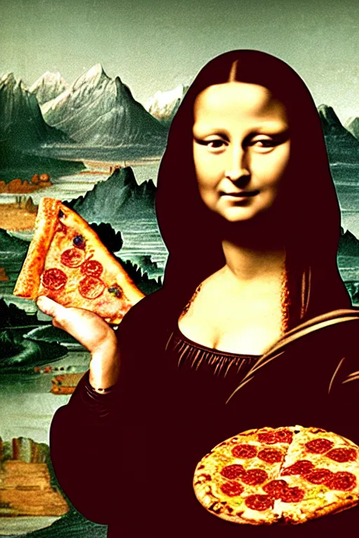 Prompt: cinematic shot, 3 5 mm portrait of a woman holding a slice of pizza in her hands, the slice of pizza is held in mid air, near her face, in the artistic style of mona lisa