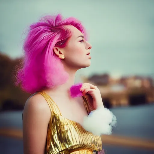 Prompt: a melanchonic photo of a beautiful young woman with cotton candy hair. with a little bit of gold and white