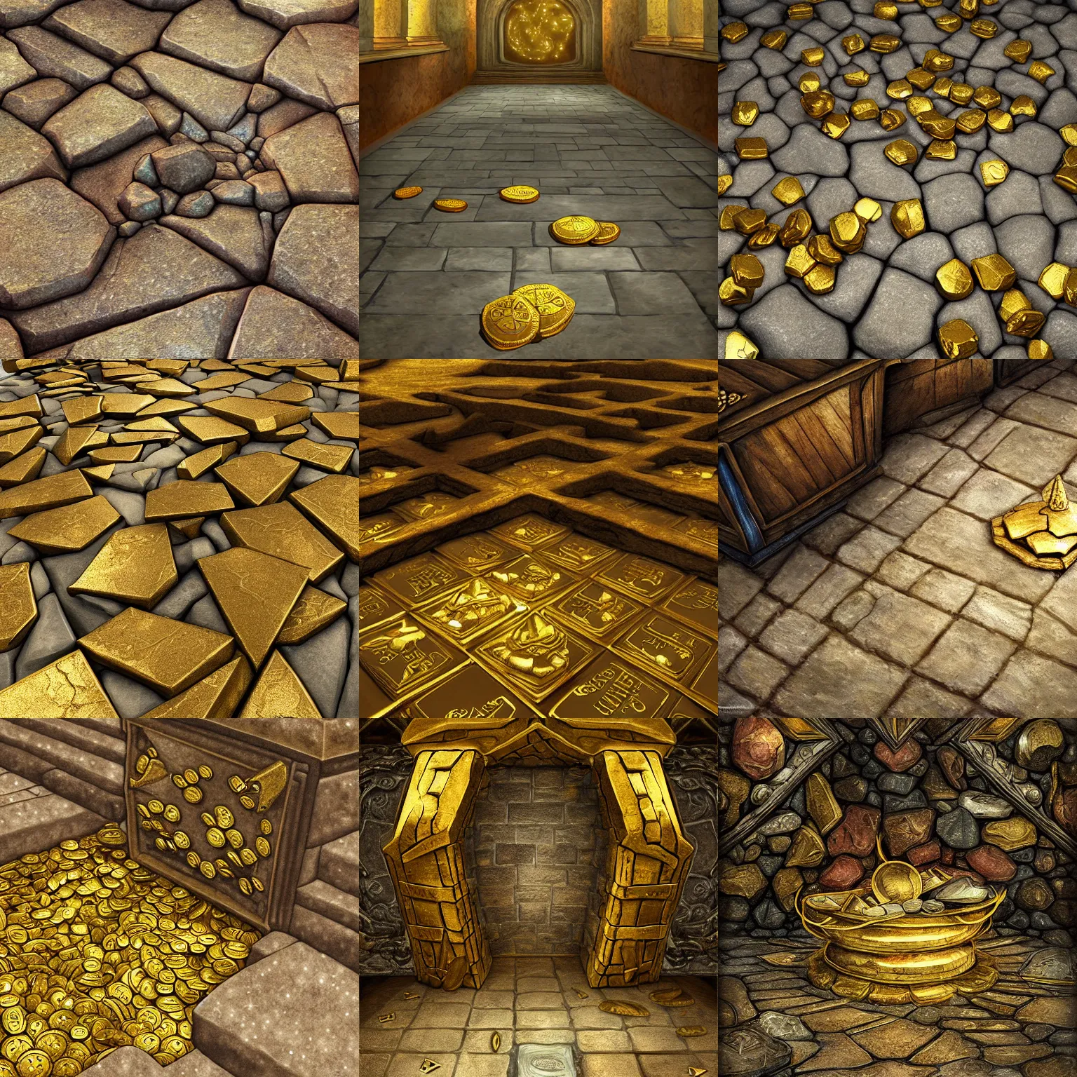 Prompt: stone floor, opened chest claws full of gold, dnd fantasy digital art, high detail, realistic