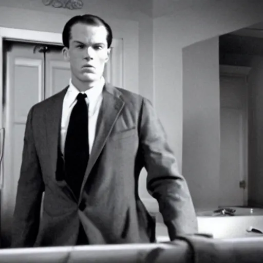 Image similar to film still, Oswald Spengler in American Psycho suits