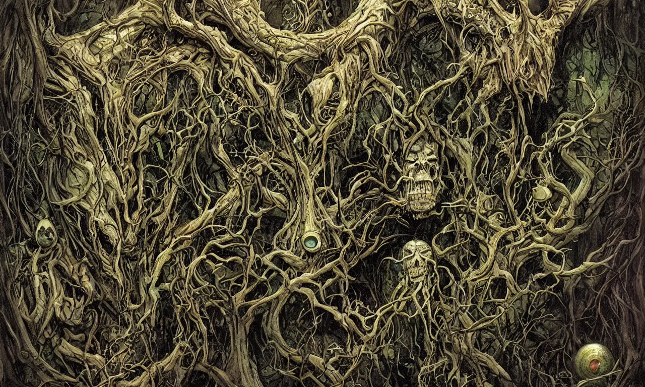 Prompt: hyperdetailed art nouveau portrait of treebeard as a chimera eyeball skull dragon monster, by micheal whelan, simon bisley and bill sienkiewicz, grim yet sparkling atmosphere, photorealism, thorns, claws, teeth, fangs, night in the forest, wild, crazy, scary, horror, lynn varley, lovern kindzierski, steve oliff