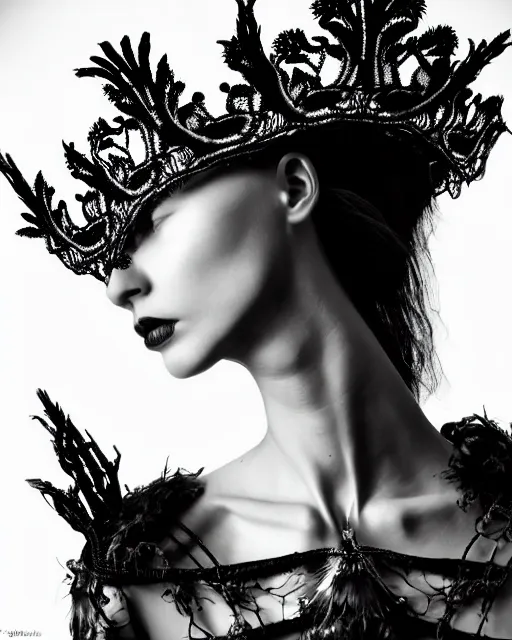 Image similar to surreal dark poetic black and white photo portrait of complex bio-mechanical beautiful young silver female vegetal-cyborg with a fur metal fine lace face, a very long neck and a fine metal floral foliage super big gothic lace collar and crown by Vivienne Westwood:: smoke, high fashion, haute couture, rococo, avant-garde, silver filigree details, anatomical, facial muscles, cable wires, microchip, elegant, dreamy, foggy atmosphere, hyper realistic, 150 mm lens, soft rim light, octane render, unreal engine, picture was taken in 1910 by Man Ray, volumetric lighting, dramatic light,8k,