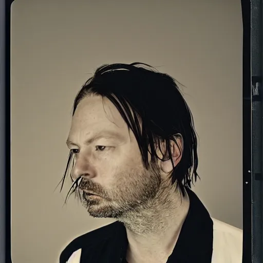 Prompt: Radiohead, with a beard and a black shirt, a computer rendering by Martin Schoeller, cgsociety, de stijl, uhd image, tintype photograph, studio portrait, 1990s, calotype