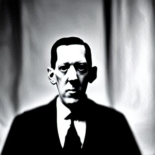 Prompt: h p lovecraft posing for a camera, holding up an eye during an photoshoot for his early 2 0 0 0's techno album, artstation, detailed