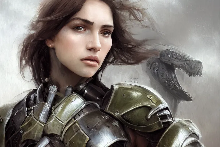 Image similar to a full-face portrait of an attractive young woman, clothed in battle armor, olive skin, long dark hair, beautiful bone structure, symmetrical facial features, intricate, elegant, highly detailed, digital painting, trending on Artstation, concept art, smooth, sharp focus, illustration, from Metal Gear by Ruan Jia and Mandy Jurgens and Artgerm and and william-adolphe bouguerea, award winning