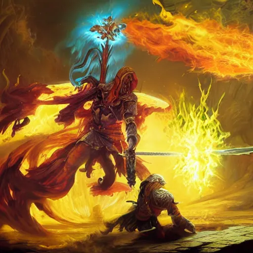 Image similar to A highly detailed oil painting concept art of a sorcerer casting an acid splash spell against a fighter wielding a greatsword, highly detailed concept art.