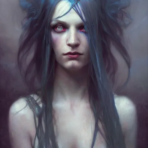 Prompt: dark goth queen with blue eyes, dark fantasy, hyperrealistic portrait, art of elysium by jeremy mann and alphonse mucha, fantasy art, photo realistic, dynamic lighting, artstation, ginger hair, volumetric lighting, very detailed face, 4 k, award winning