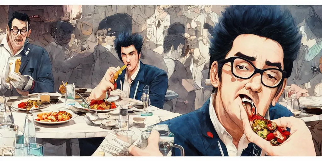 Image similar to cartoonish elvis costello eating dinner, vivid colors, character sheet, fine details, concept design, contrast, kim jung gi, greg rutkowski, watercolor, trending on artstation, 8 k, full body, turnaround, front view, back view, ultra wide angle