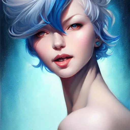 Image similar to a beautiful painting of a smiling woman with stylish short blue hair and sparkling blue eyes representative of the art style of artgerm and wlop and peter mohrbacher