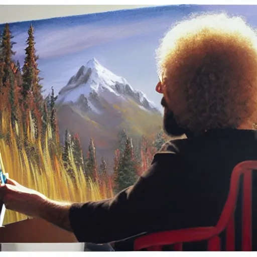 Image similar to a closeup photorealistic photograph of bob ross working on a canvas painting of marilyn manson. happy trees, mountain scape. film still. brightly lit scene. this 4 k hd image is trending on artstation, featured on behance, well - rendered, extra crisp, features intricate detail, epic composition and the style of unreal engine.