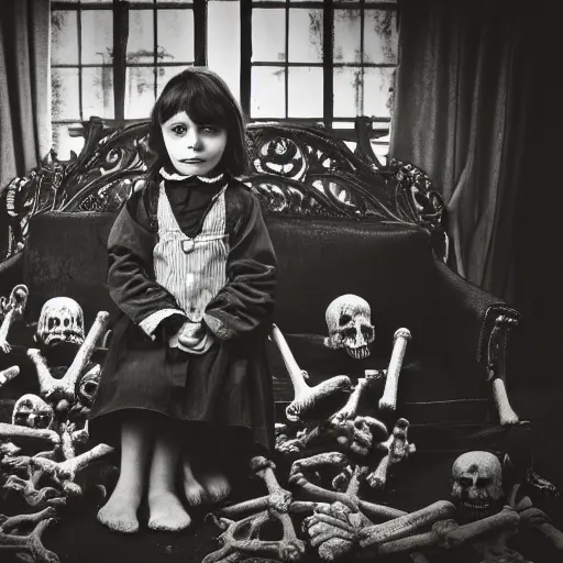 Image similar to a photo of young sad victorian gothic child with big eyes and wide grin sitting on a sofa of bones surrounded by a cyber futuristic cityscape made of human body parts, lighting, 5 0 mm, perfect faces, award winning phhotography