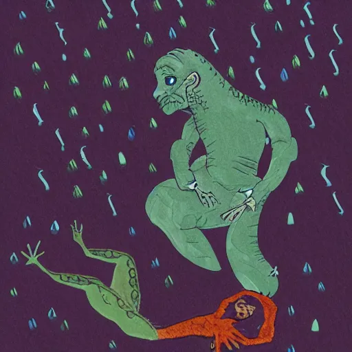 Image similar to Changeling bard standing over a sobbing lizard man in fetal position, sad, depressing, dark color schema, raining, in the style of Eric Carle