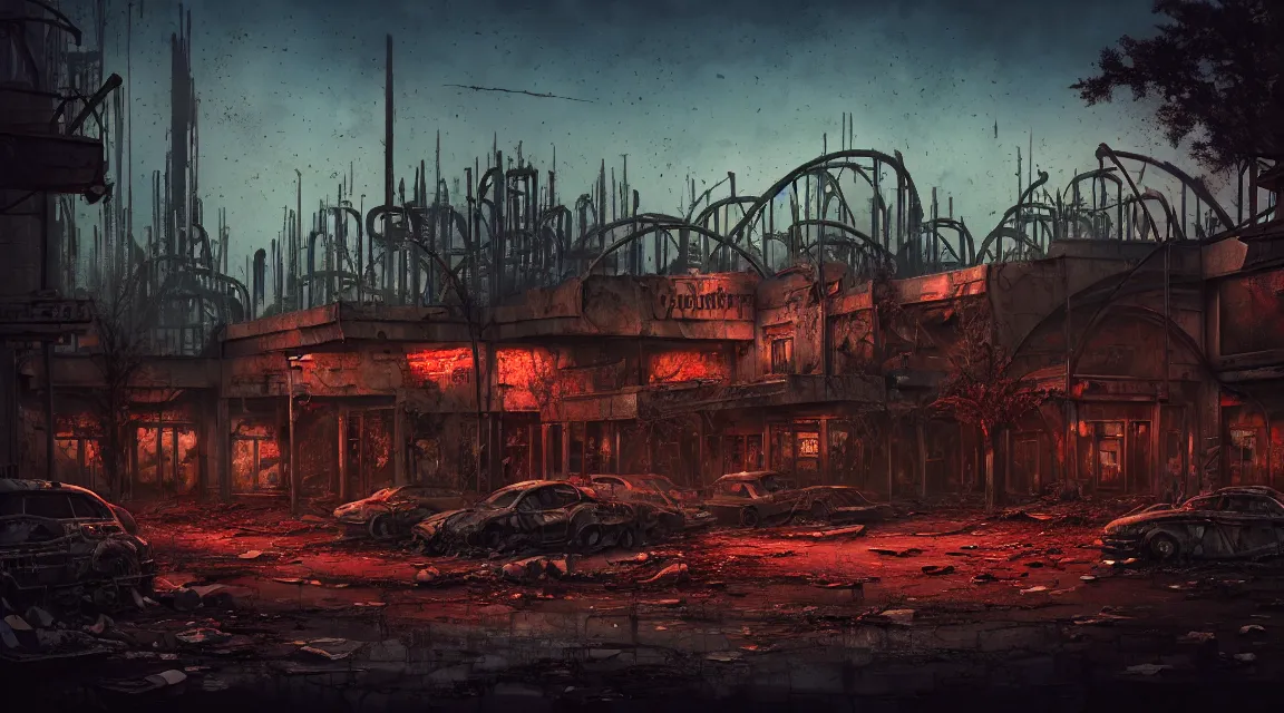Image similar to post apocalyptic theme park, dusk, building, avenue, americana architecture, by pascal blanche, neil blevins, apocalyptic color palette, trending on artstation, photorealistic, wilderness ambiance, ultra detailed, high definition, depth of field, bokeh, rubble, nature overgrowth, blood stains, building crumbling