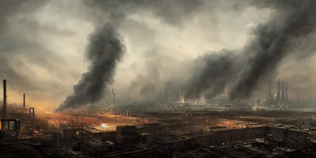 Image similar to a painting of a factory with smoke pouring out of it, a detailed matte painting by jonas de ro, cgsociety, nuclear art, dystopian art, apocalypse art, apocalypse landscape, dark, moody