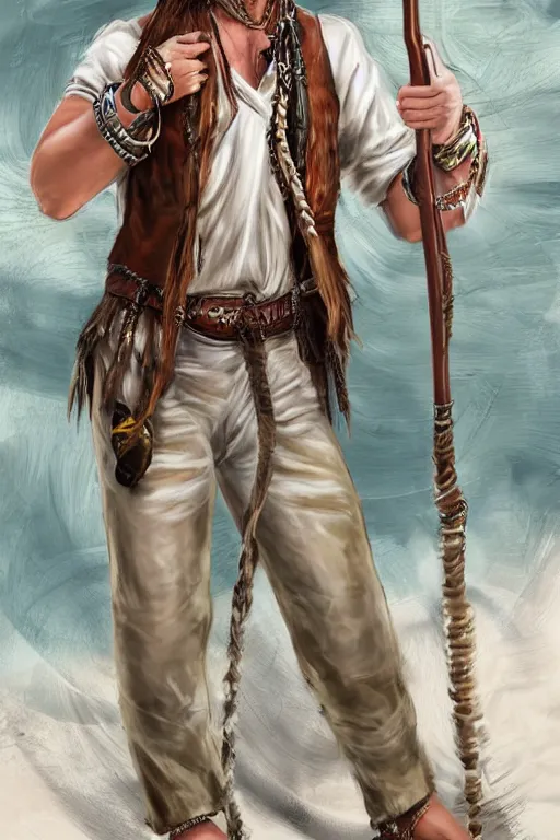 Image similar to a hippy male ranger, dnd, wearing a leather vest and white linen pants, wearing a a shell necklace, long swept back blond hair, a bongo, nunchuku, digital art