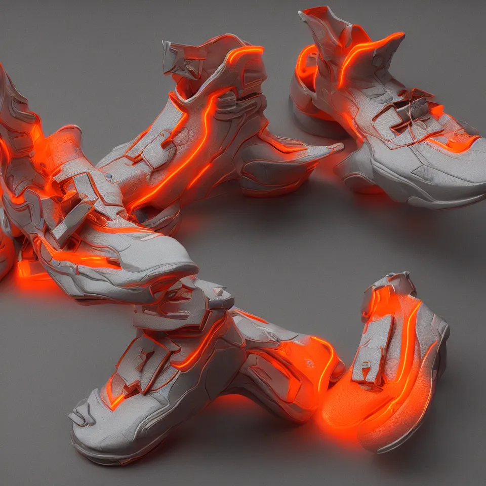 Image similar to realistic 8 k sculpture of 1 futuristic sneaker with neon illuminated rubber soles and soft orange laces on a grey surface, clean 3 d render, beautiful studio lighting, soft, sharp focus, cyberpunk, intricate detail, gold and red accents, soft rubber, octane render, trending on artstation, deviantart, art by syd mead