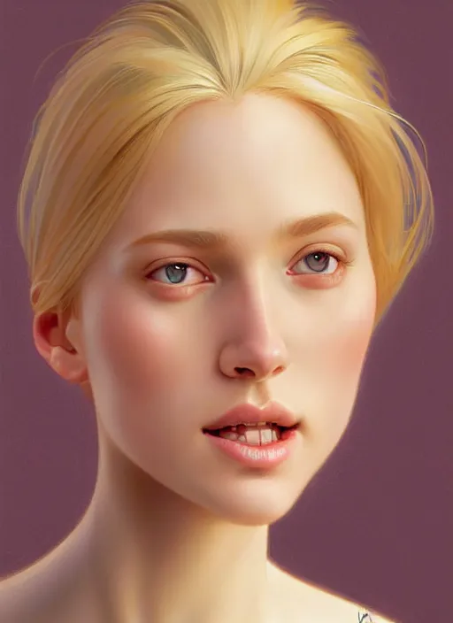 Image similar to beautiful feminine face! portrait of young woman blessed by god with ever - increasing physical and mental perfection, blonde hair, symmetrical! intricate, elegant, highly detailed, vision of holy perfection!! smile, digital painting, artstation, concept art, smooth, sharp focus, illustration, art by artgerm and greg rutkowski and alphonse mucha