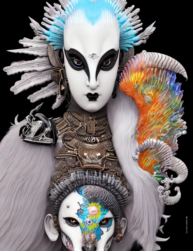 Image similar to 3 d goddess close - up profile portrait punk with mohawk with ram skull. beautiful intricately detailed japanese crow kitsune mask and clasical japanese kimono. betta fish, jellyfish phoenix, bio luminescent, plasma, ice, water, wind, creature, artwork by tooth wu and wlop and beeple and greg rutkowski