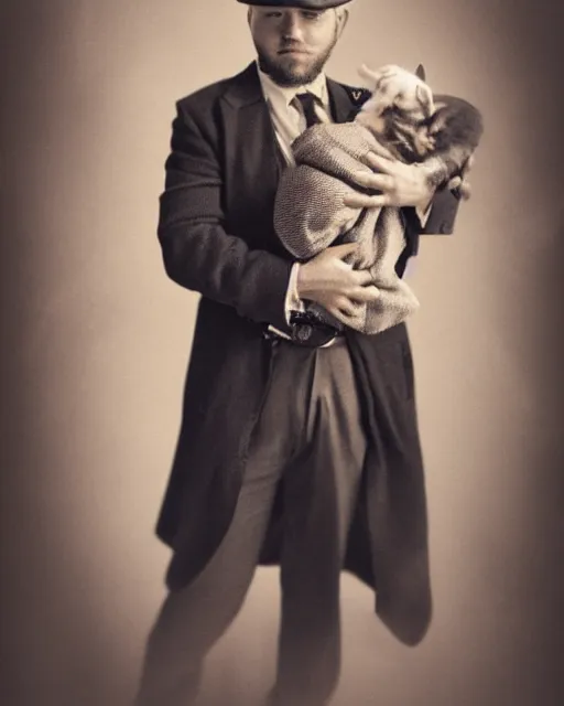 Image similar to gentlemen wearing a hat and wearing a baby sling on the back with a kitten in the sling, studio portrait, golden ratio, backlit, steampunk