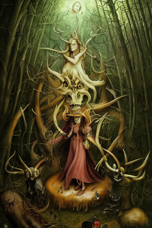 Prompt: satanic witch in the evil forest, fantasy, 8 k resolution, hyper detailed, character design, digital painting, sharp focus, illustration, art by hieronymus bosch