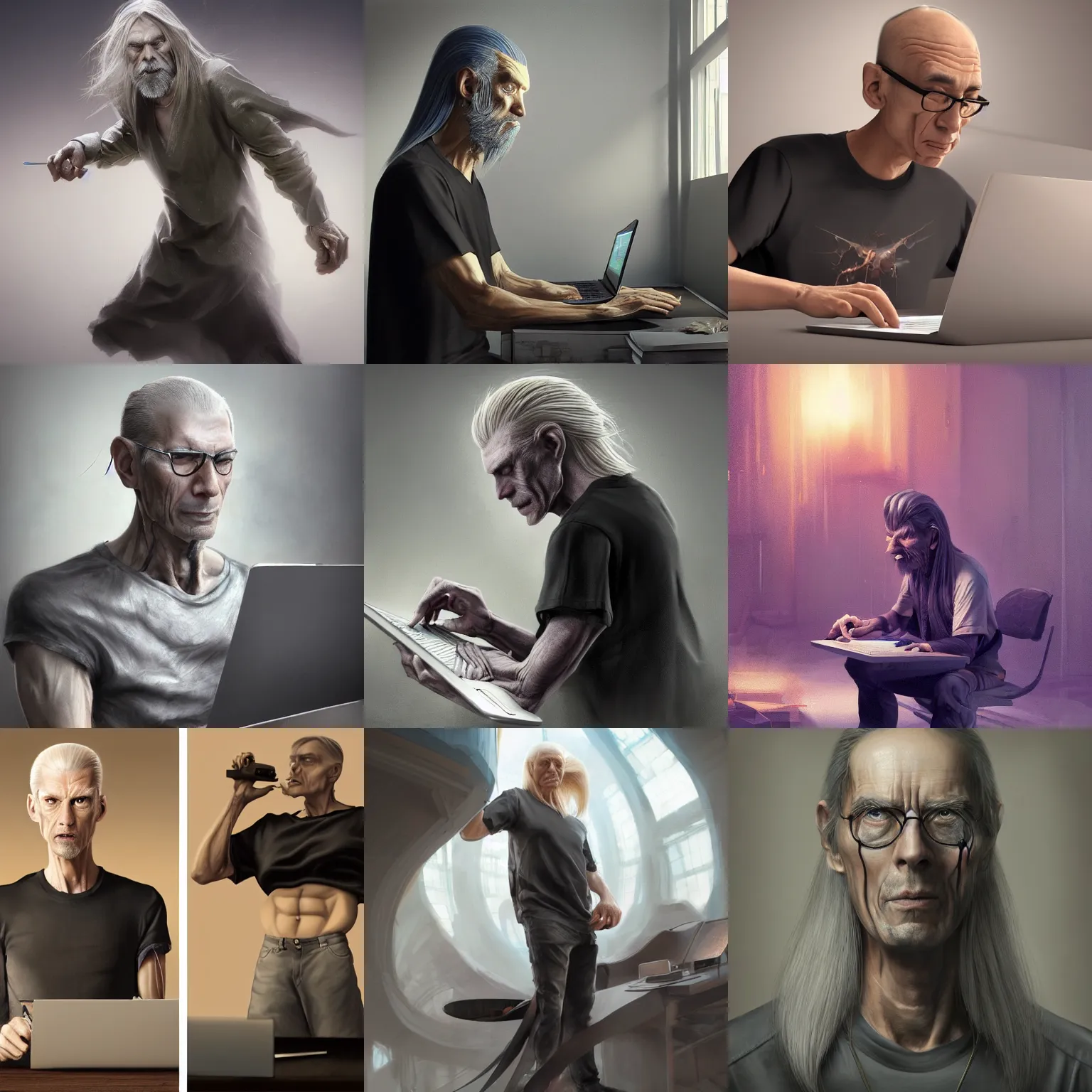 Prompt: grumpy tall man, 4 5 yo, emaciated shaved face, 1 meter long blonde straight hair, black t - shirt, coding a webpage on a laptop, 3 d render, hyper - realistic detailed portrait, ruan jia, wlop. scifi, fantasy, magic the gathering, hyper detailed, octane render, concept art, peter mohrbacher