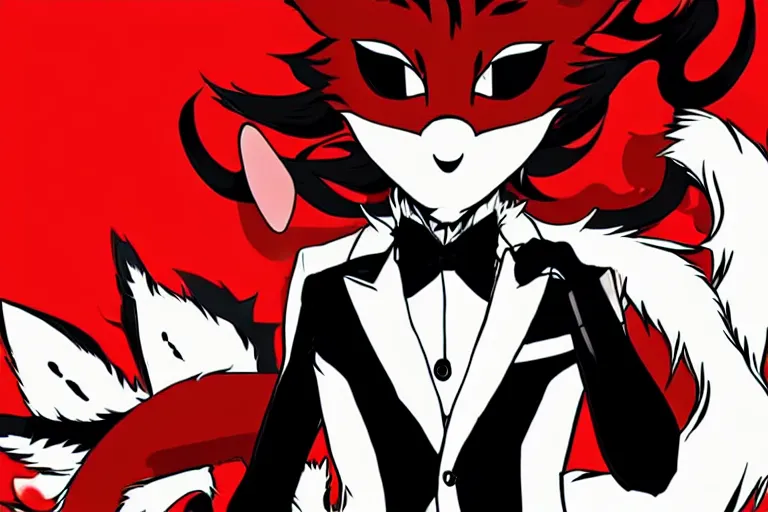 Image similar to a furry tan male fox on a persona 5 : royal ( by atlus ) video game splash screen, a furry male sandcolored tan fox fursona ( has hair ), persona 5 phantom thief style