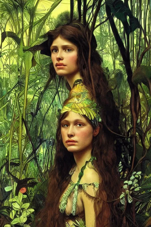 Image similar to realistic detailed portrait of bohemian girl in jungle by denis villeneuve, amano, yves tanguy, alphonse mucha, ernst haeckel, max ernst, roger dean, ridley scott, dynamic closeup