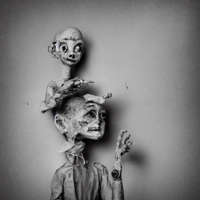 Image similar to creepy ventriloqiest dummy in the style of Roger Ballen, 4k, bw, portrait