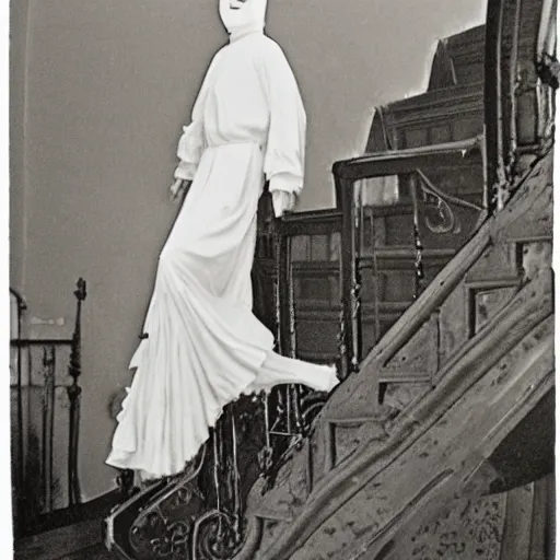 Prompt: vintage photograph of a ghost floating down old stairs