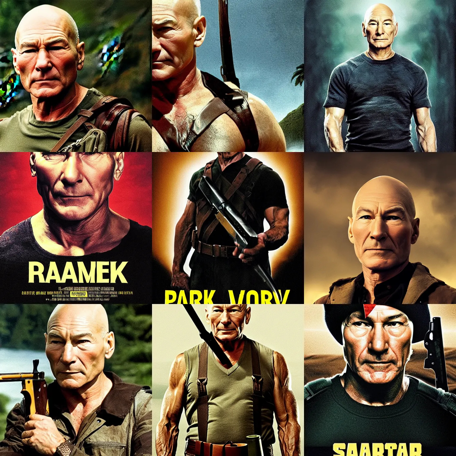 Prompt: patrick stewart starring in rambo first blood movie poster