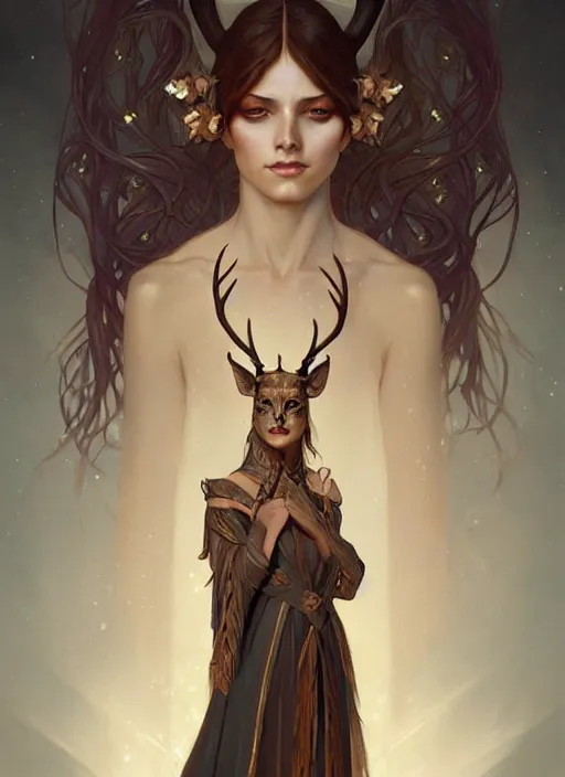 Image similar to symmetry!! portrait of half woman half deer, fantasy, medieval wear, intricate, elegant, highly detailed, digital painting, artstation, concept art, smooth, sharp focus, illustration, art by artgerm and greg rutkowski and alphonse mucha