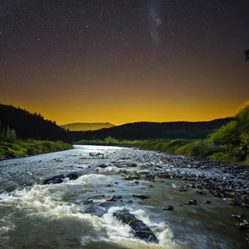 Prompt: starry nigh, salmon jumping out of a river