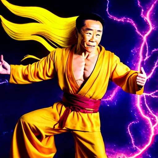 Prompt: uhd candid photo of cosmic jet li as a super sayian powering up, glowing, global illumination, studio lighting, radiant light, hyperdetailed, correct face, elaborate intricate costume. photo by annie leibowitz