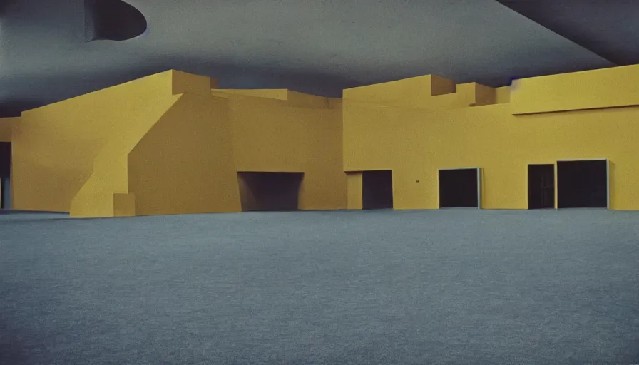 Prompt: 60s movie still of a sovietic stalinist style empty art museum with a soviet congress with yellow wall, by LOMOCHROME PURPLE FILM 100-400 35MM, liminal Space style, heavy grain