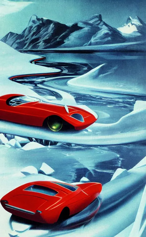 Image similar to retro - futurism, art - deco style sports car moving at hyper speed through the ice lake, poster, long - distance shot