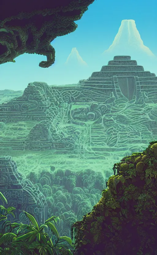 Prompt: a mayan temple, microscopic tardigrade, microbiology, flat, ruins, civilization, vegetation, large leaves, futuristic, sharp focus, electric swirls, backlight, risograph, intricate details, disney pixar, james gilleard, moebius, print, iridescent, global illumination, anime, game art