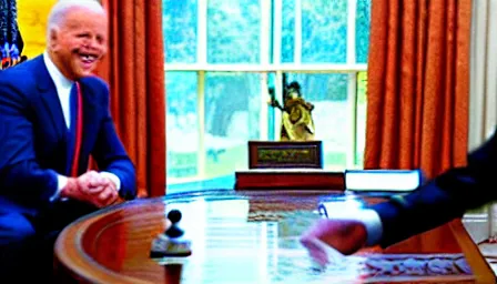 Image similar to sasquatch visits joe biden at the oval office, photorealistic, ultra hd, 4 k, award winning, patriotic