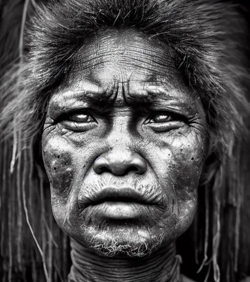 Prompt: Award winning reportage photo of Palau Natives with incredible hair and beautiful hyper-detailed eyes wearing traditional garb by Lee Jeffries, 85mm ND 5, perfect lighting, gelatin silver process