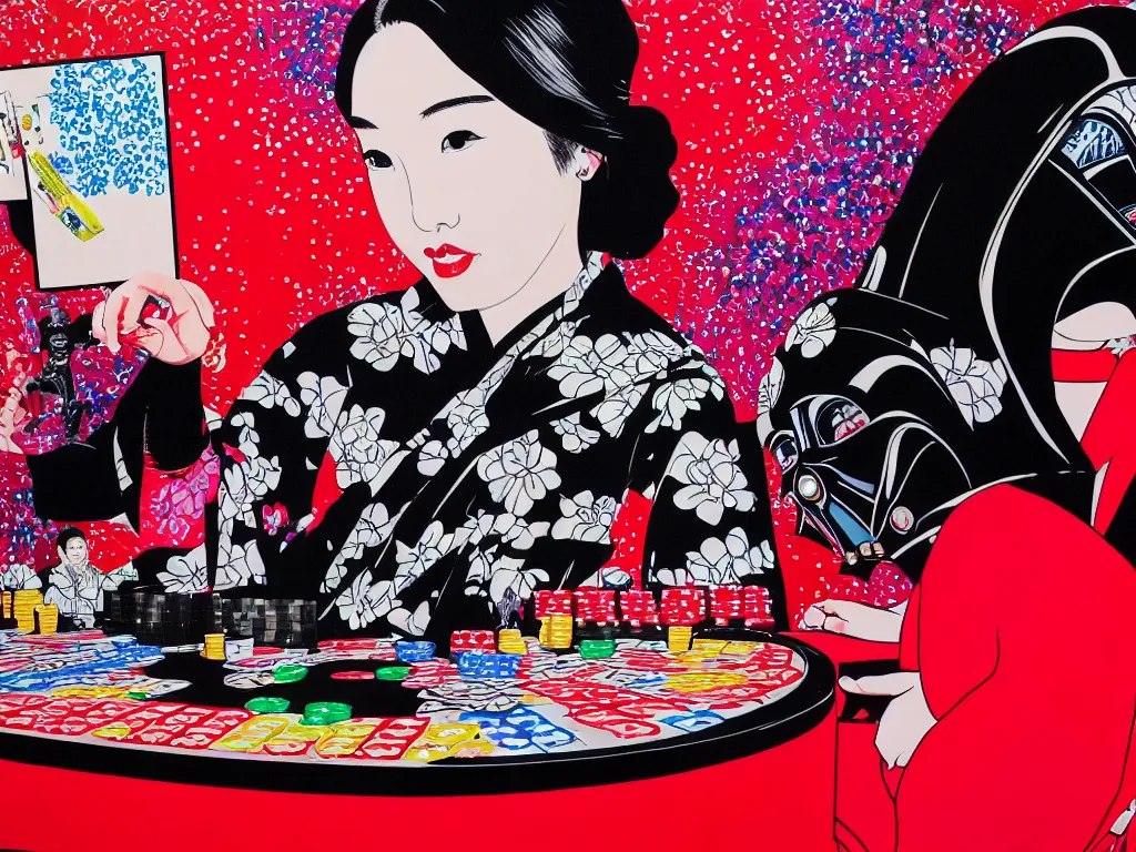 Image similar to hyperrealism composition of the detailed woman in a japanese kimono sitting at an extremely detailed poker table with darth vader, fireworks on the background, pop - art style, jacky tsai style, andy warhol style, acrylic on canvas