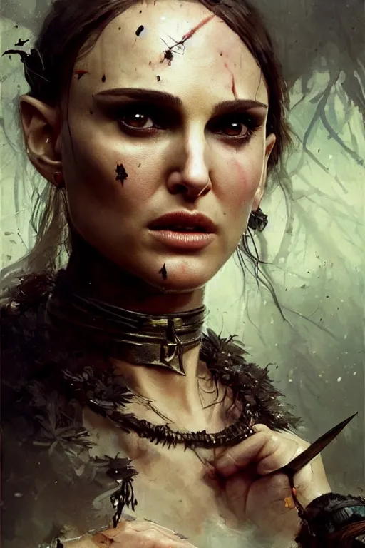 Image similar to natalie portman, warrior, lord of the rings, tattoos, decorated ornaments, by carl spitzweg, ismail inceoglu, vdragan bibin, hans thoma, greg rutkowski, alexandros pyromallis, perfect face, fine details, realistic shadeing