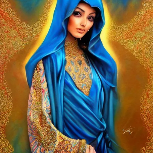 Image similar to a beautiful arabian woman wearing a kaftan by karol bak, ayami kojima, artgerm, arabian beauty, blue eyes, smile, concept art, fantasy