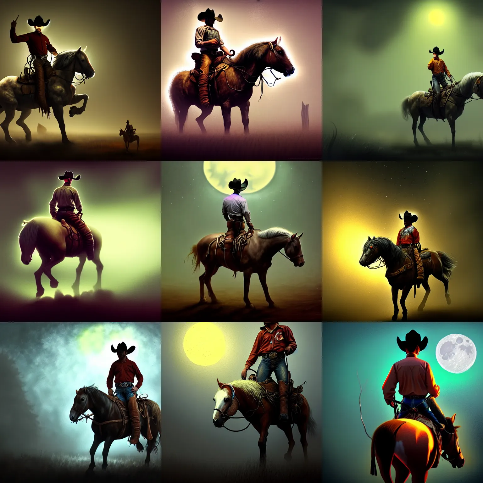 Prompt: cowboy mounted on horse riding unexplored lands in moon, creepy, horror, foggy, 2 point lights, oleo painting, highly detailed, 8 k, photorealistic, art concept, artstation, sharp focus