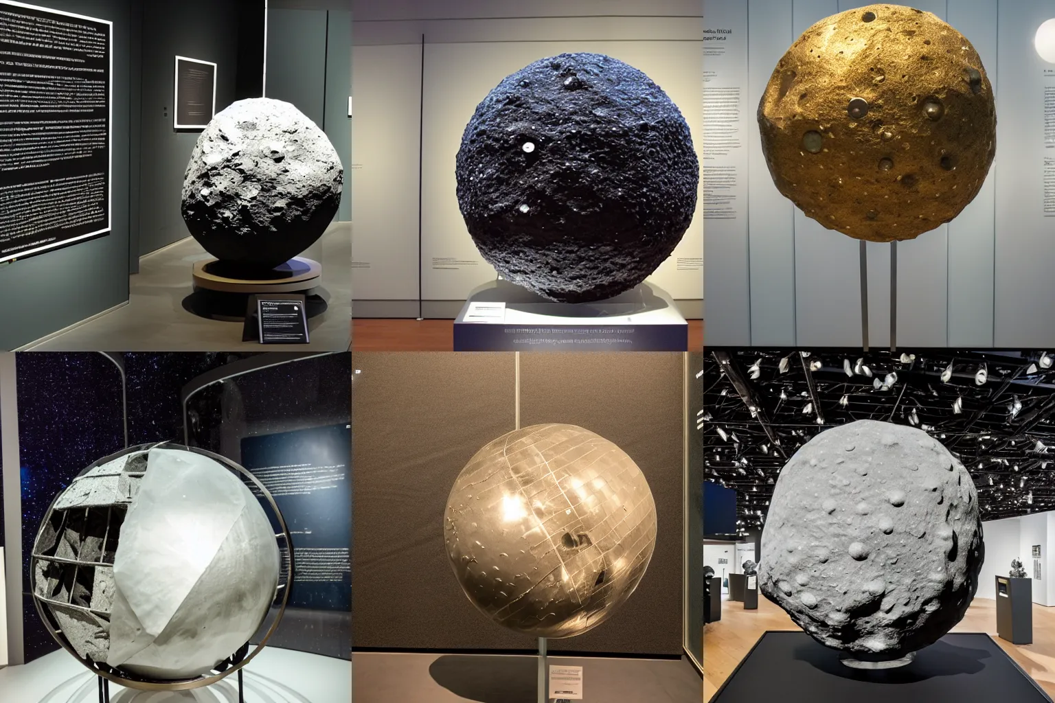 Prompt: an asteroid as a metal sphere in a museum exhibit