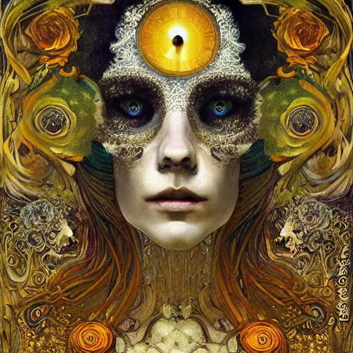 Image similar to Memento Mori by Karol Bak, Jean Deville, Gustav Klimt, and Vincent Van Gogh, beautiful visionary mystical portrait, calavera, otherworldly, fractal structures, ornate gilded medieval icon, third eye, spirals, beautiful botanical calavera