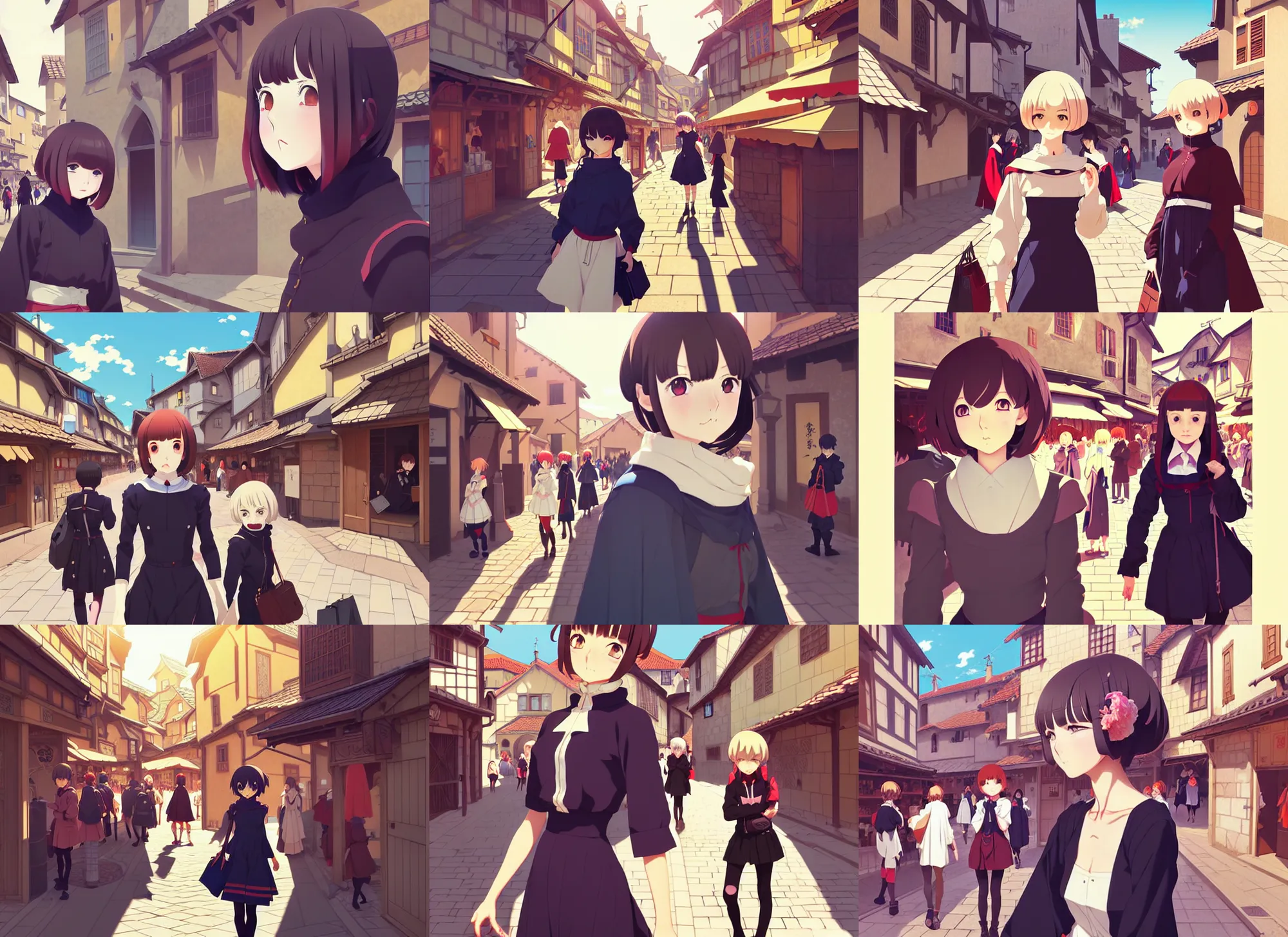 Prompt: anime visual, portrait of a young female traveler in a busy medieval village exterior shopping, cute face by ilya kuvshinov, yoh yoshinari, makoto shinkai, dynamic pose, dynamic perspective, cel shaded, flat cel shading mucha, rounded eyes, crisp smooth clean lines, dramatic, strong silhouette