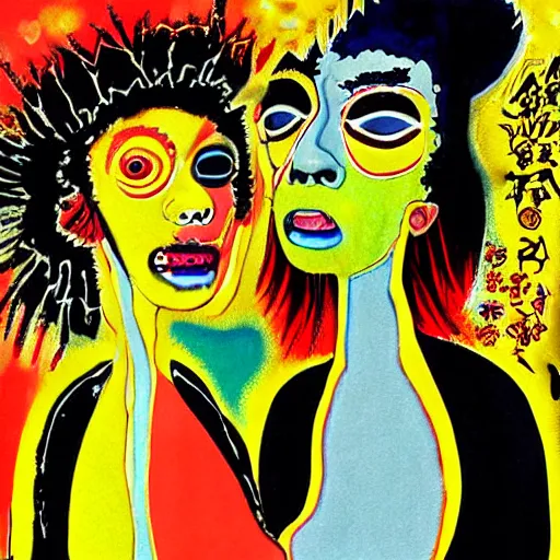 Image similar to beautiful painting of two bizarre psychedelic women kissing each other closeup in tokyo in winter, speculative evolution, mixed media collage by basquiat and junji ito, magazine collage art, paper collage art, sapphic art, lesbian art