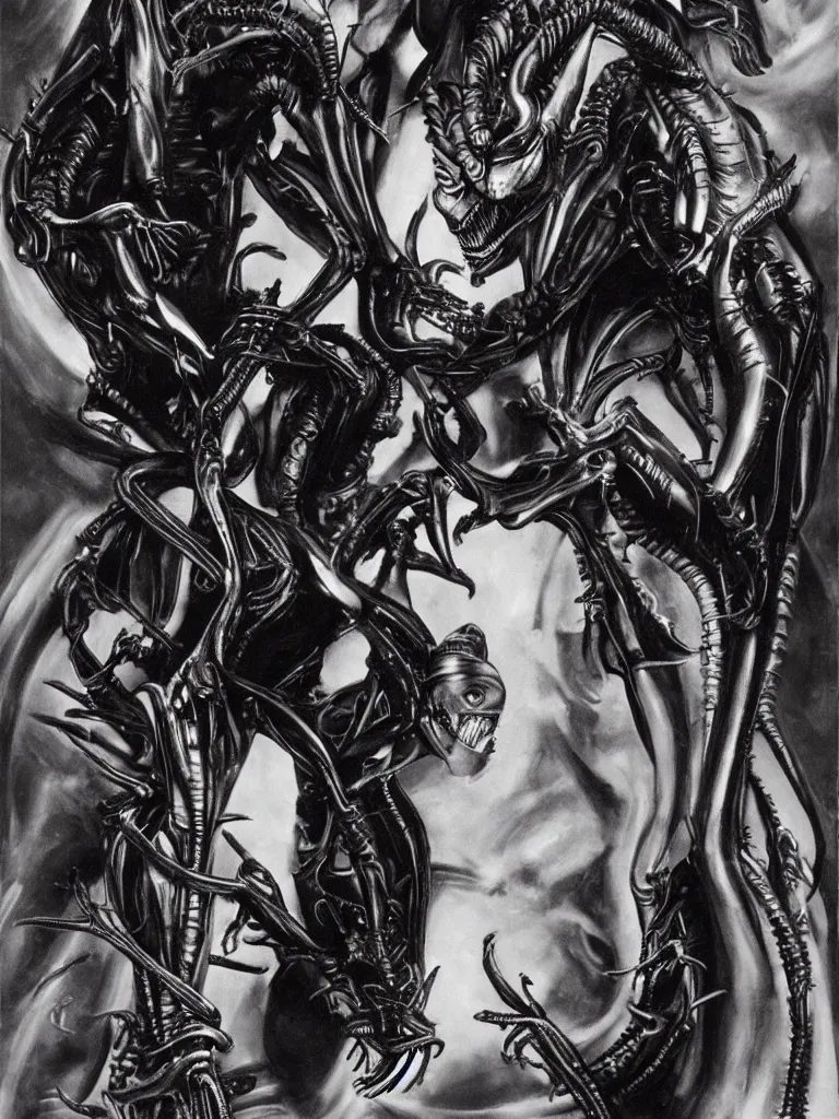 Image similar to sigourney weaver with a xenomorph alien queen by h. r. giger