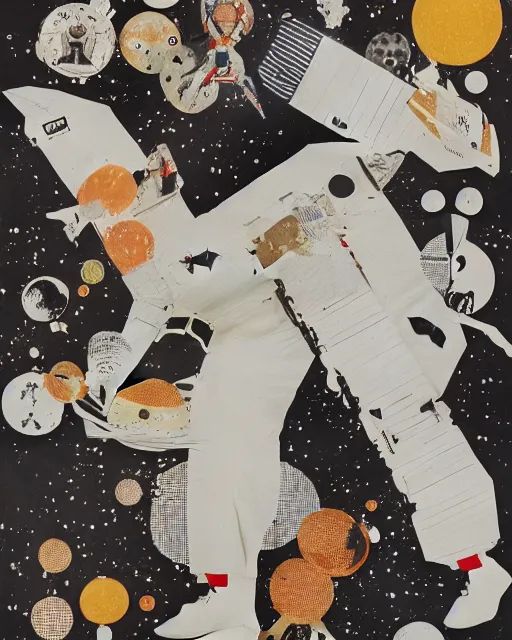 Image similar to A collage, made of random shapes cut from fashion magazines, of Space Travel, landing on the moon, mid-century modern.