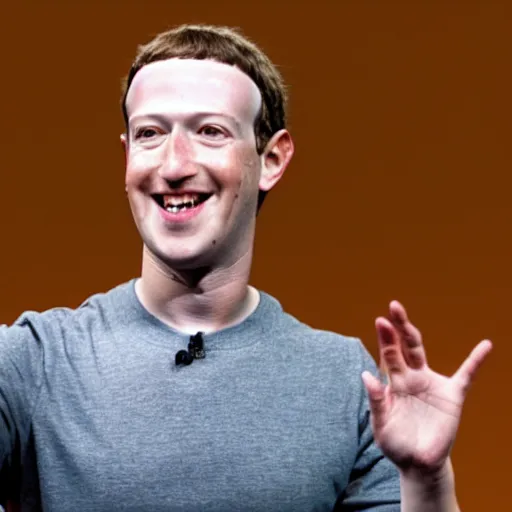 Prompt: extremely zoomed-in photo of sad Mark Zuckerberg with a big smile waving